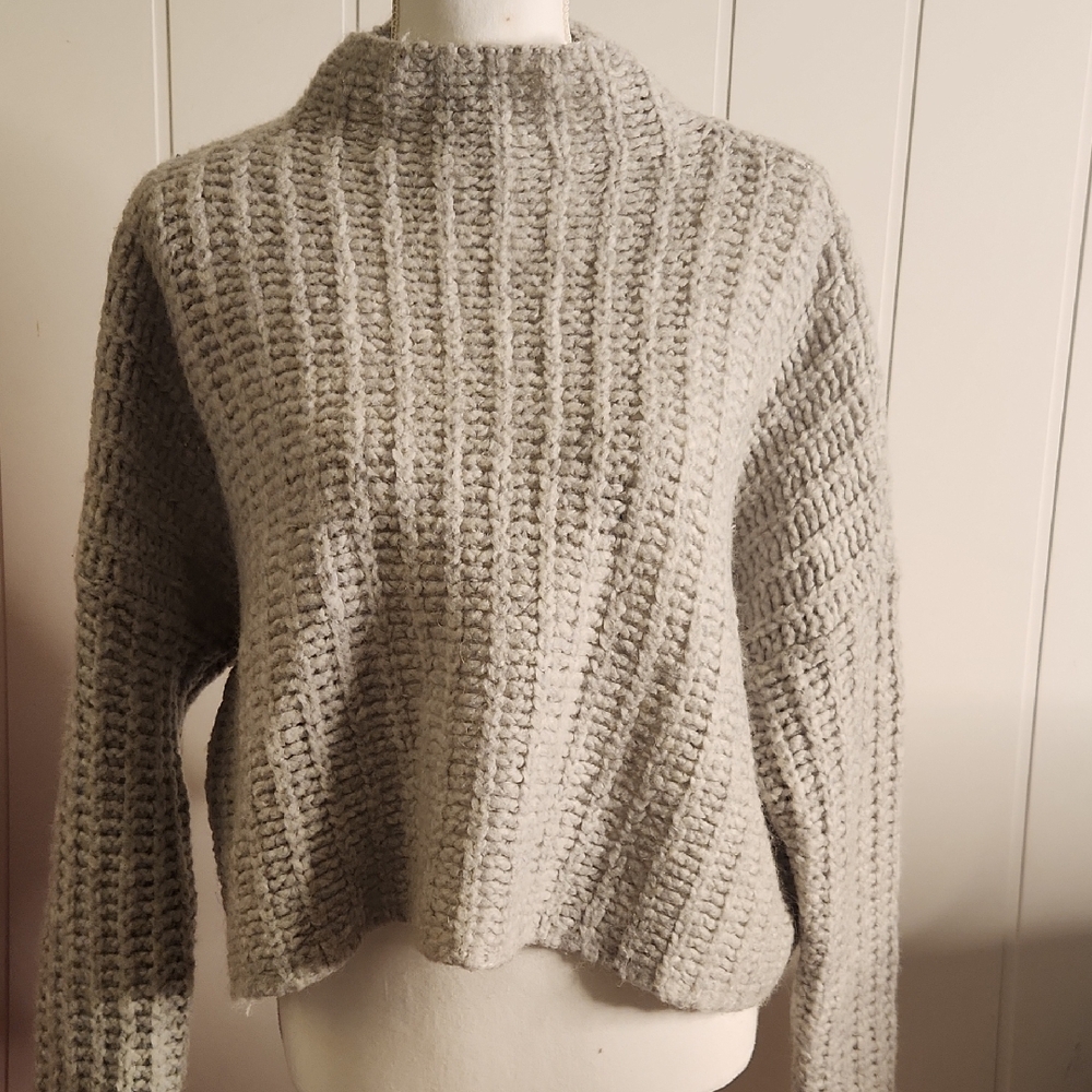 Aerie Soft Gray Boxy Oversized Chunky Knit Cropped Turtleneck Sweater